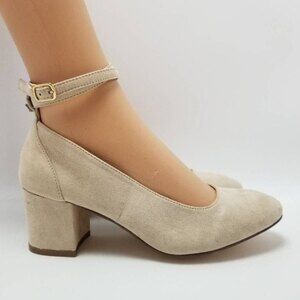 London Rebel Ankle Strap Womens Block Heels Shoes Beige Size EUR 39